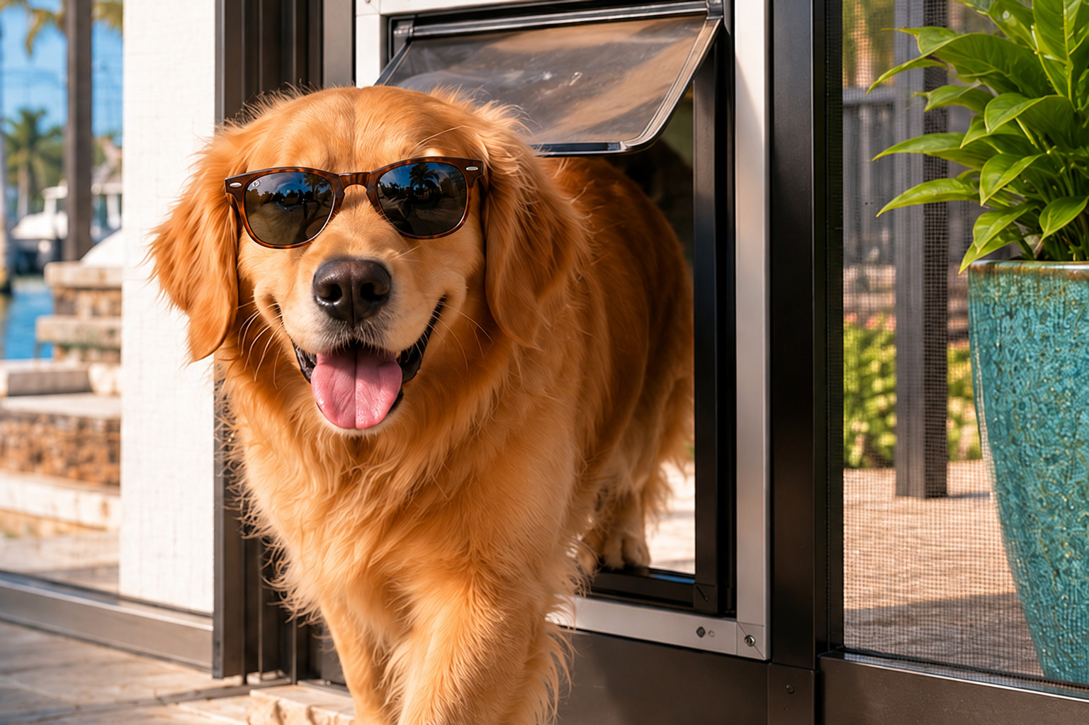 Golden retriever walking through a custom pet door in a screened patio